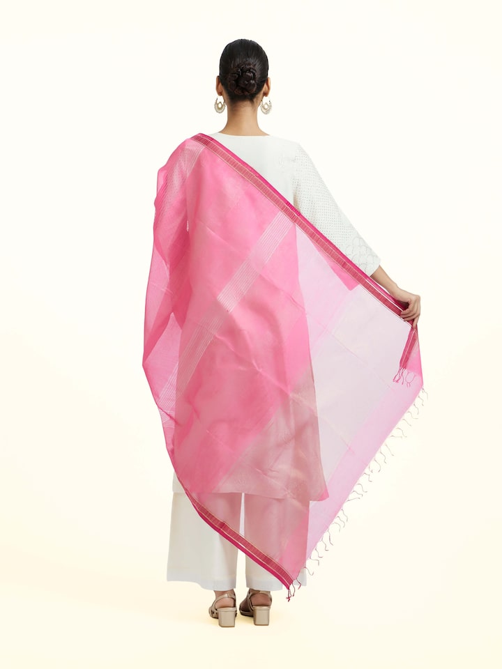Back view of the Fuschia Cotton Silk Maheshwari Zari Border Dupatta