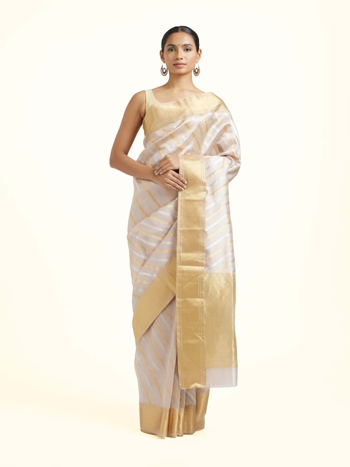 Front view of the Grey Cotton Silk Chanderi Handloom Pattu Saree