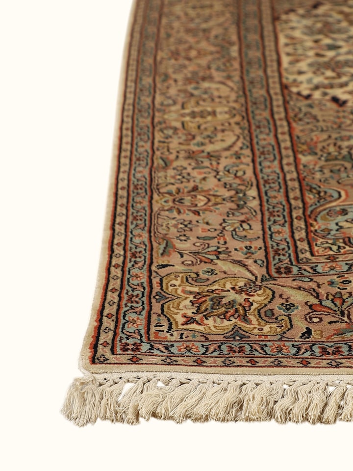 Top view of the Traditional Persian Ivory Pink Kashan Kashmir Silk Hand-Knotted Carpet