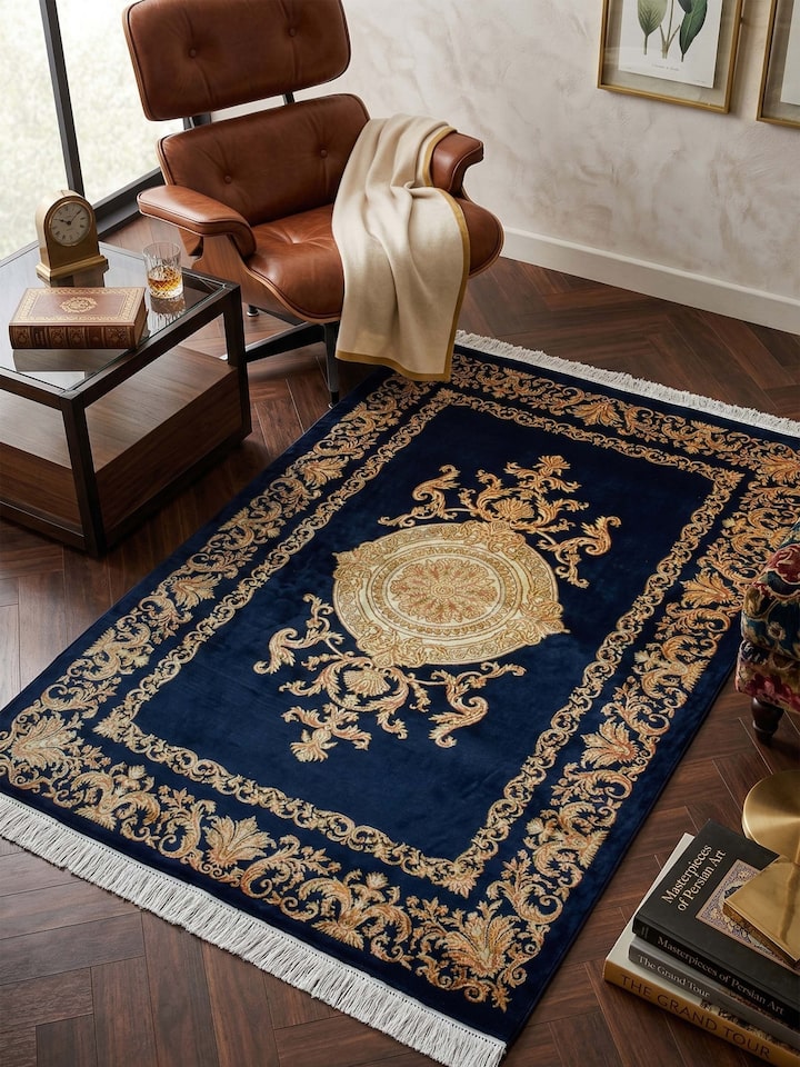 Lifestyle view of the Traditional Persian Navy Opan Kashmir Silk Hand-Knotted Carpet