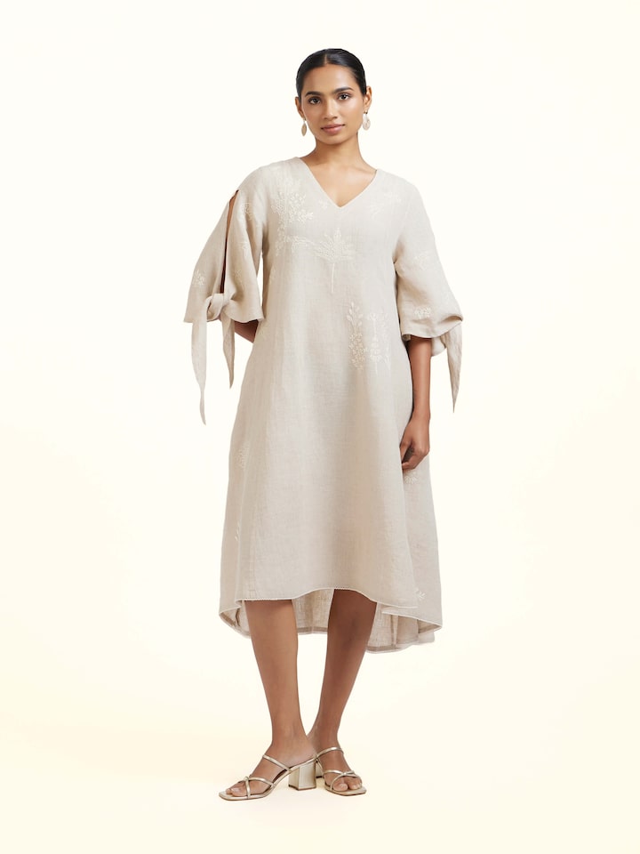 Front view of Natural Linen Chikankari Dress showing the front silhouette and design