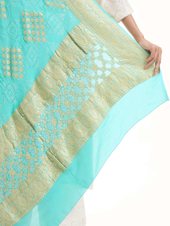 Detailed view of Turquoise Bandhani Tie & Dye Dupatta focusing on the fine craftsmanship and texture