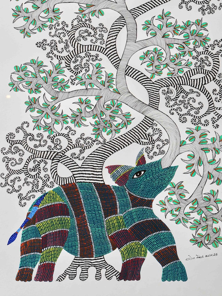 Close-up detail of the Breath Of Life Gond Art