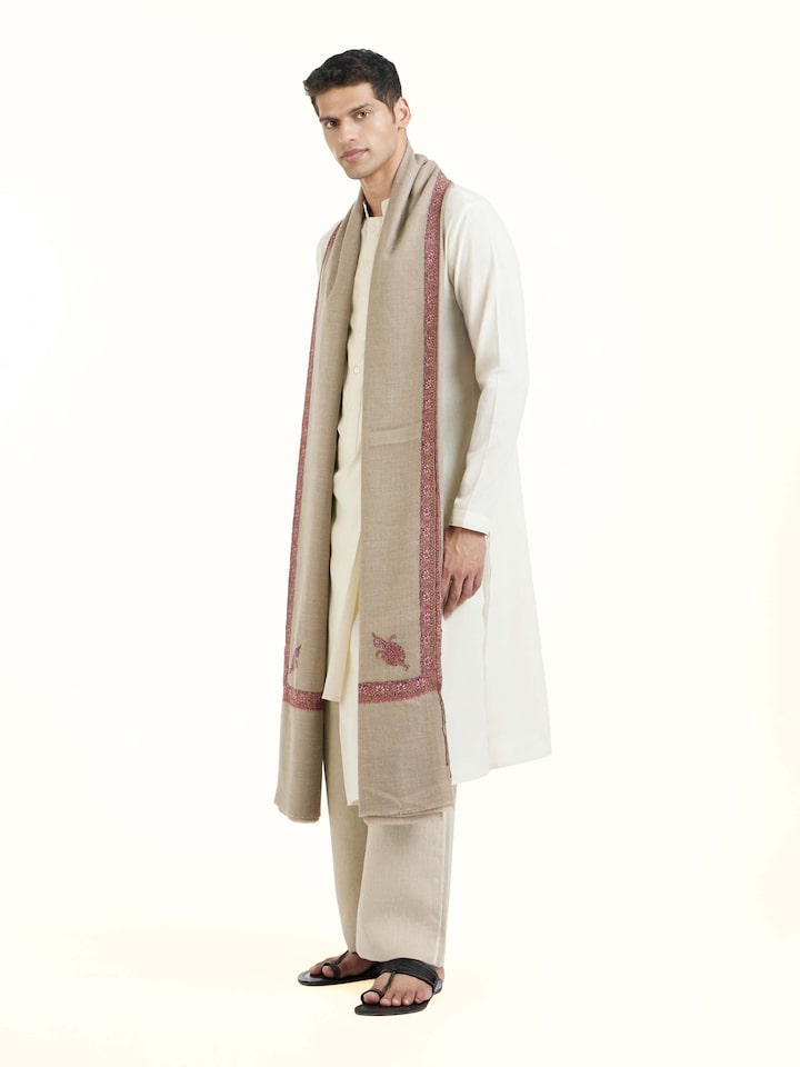 Side view of Brown Sozni Hand Embroidered Shawl highlighting the detailed craftsmanship and elegant silhouette