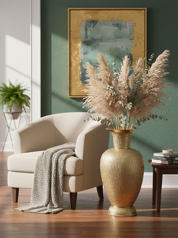 lifestyle view of brassware floor vase with decorative finish