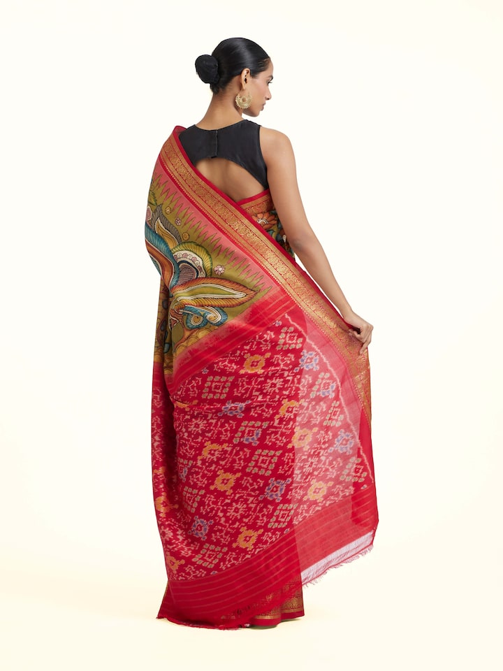 Back view of the Silk Ikat Hand-Painted Kalamkari Saree