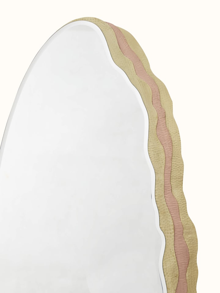 Side view of the brass & glass Thathera mirror, focusing on the craftsmanship and depth of the frame