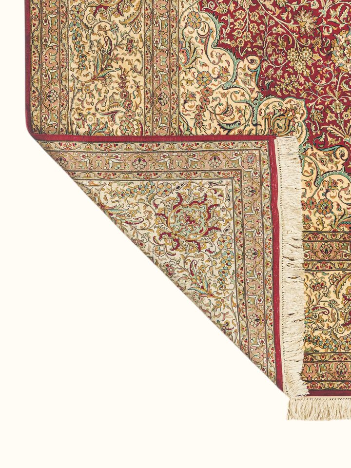 Traditional Persian Red Ivory Kashan Kashmir Silk Hand-Knotted Carpet
