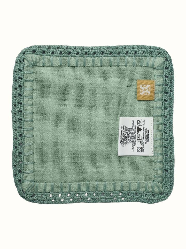 Back view of Nityam Green Cotton Slub Crochet Coasters Set Of 6 showing the reverse side