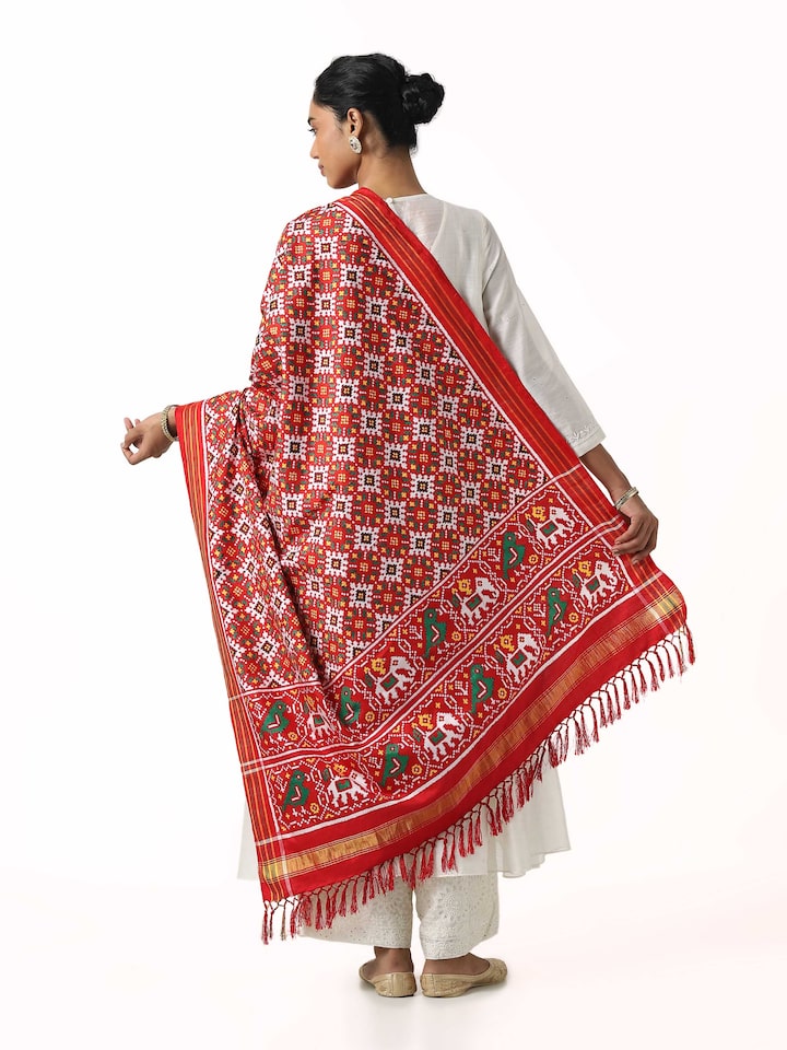 Back view of pink ikat Patan Patola handwoven dupatta displaying border design