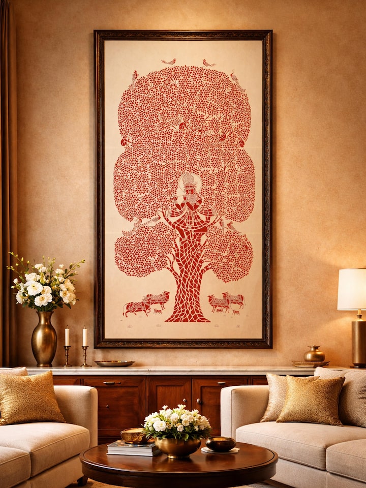 Left-side view of the Sanjhi Paper Stencil Kalpavriksha with Krishna Wall Art