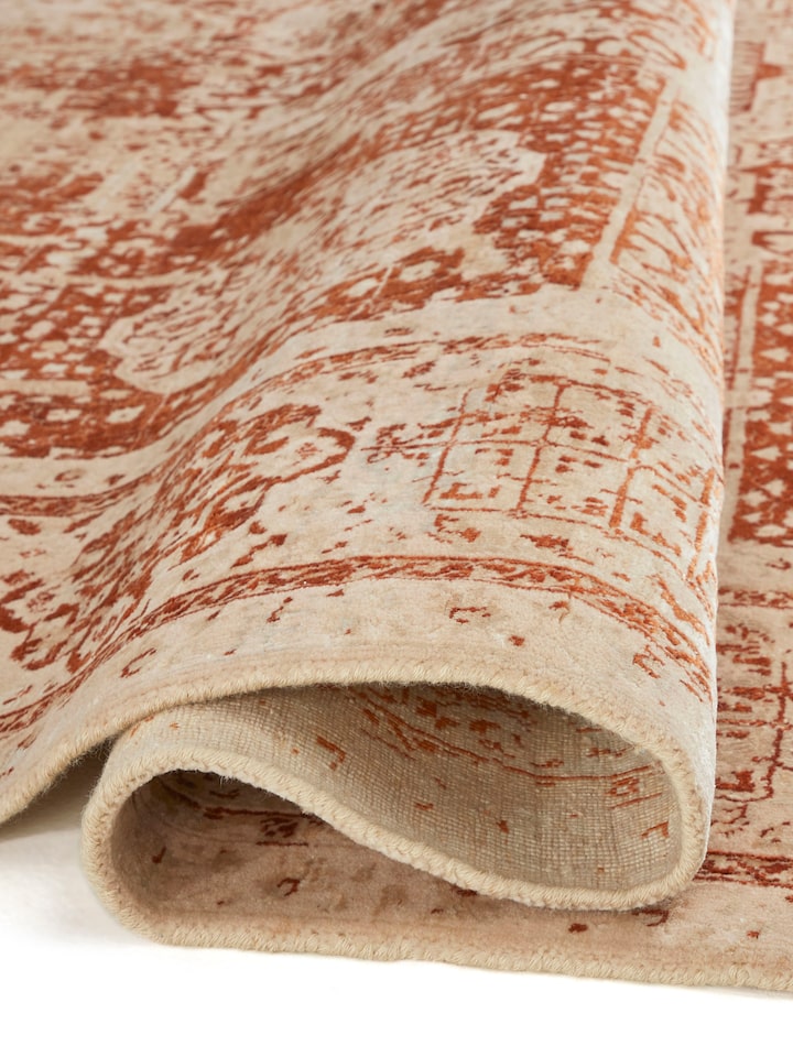 Close-up view of Distressed Mamluk Beige Rust Bhadohi Wool & Viscose Hand-Knotted Rug highlighting the intricate knot details