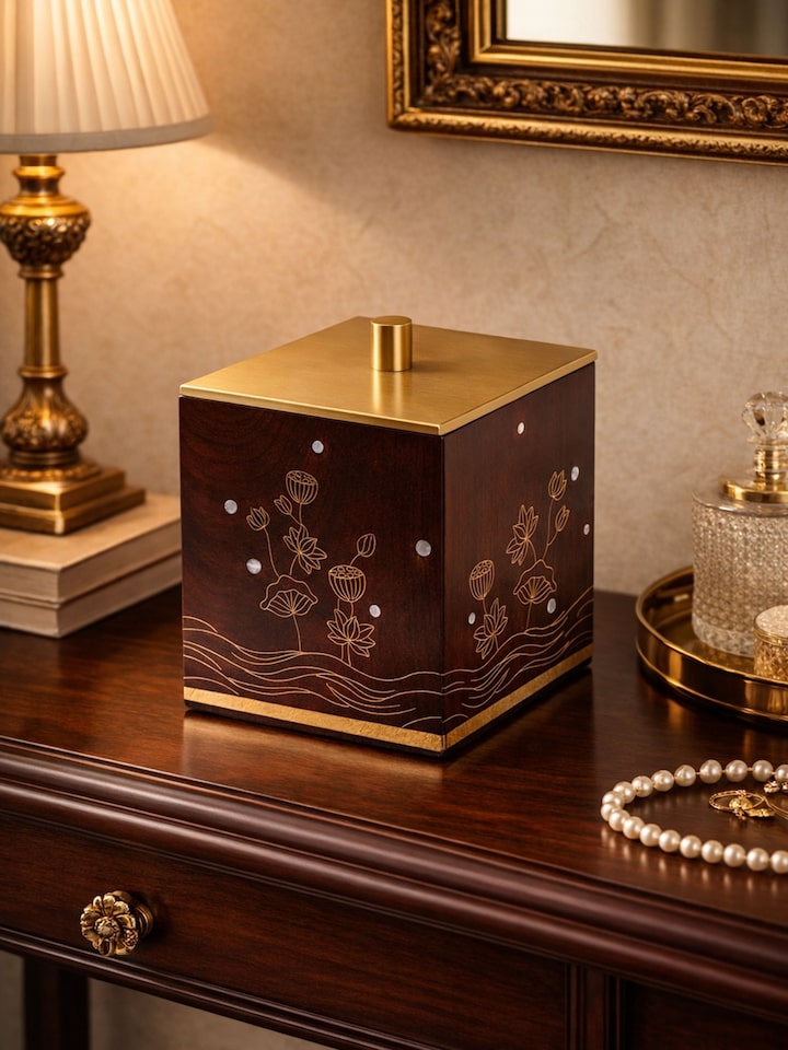 Side view of the Kamal Tarkashi Teak Wood Cotton Jar