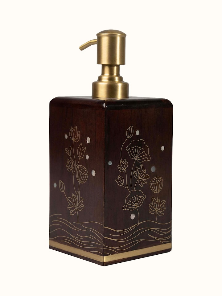 Back view of Kamal Tarkashi Teak Wood Soap Dispenser showing the back label with product information