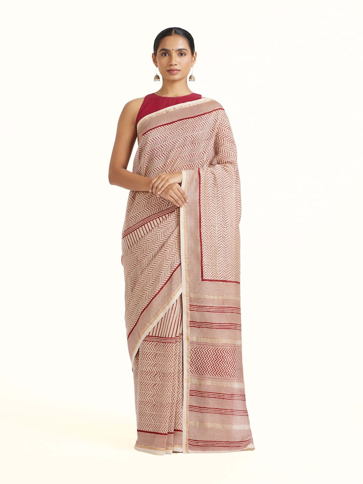 Front view of Red Chanderi Cotton Silk Bagh Block Printed Saree showcasing its traditional craftsmanship and design