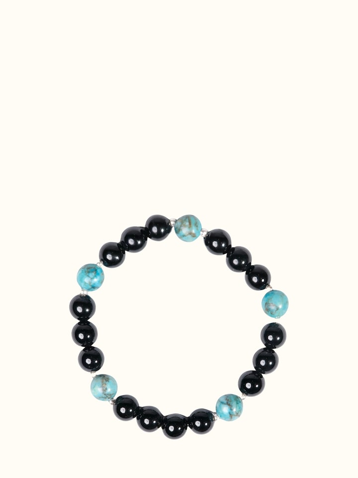 Front view of Gemstone Black Onyx & Turquoise Silver Bracelet showing the complete piece and design
