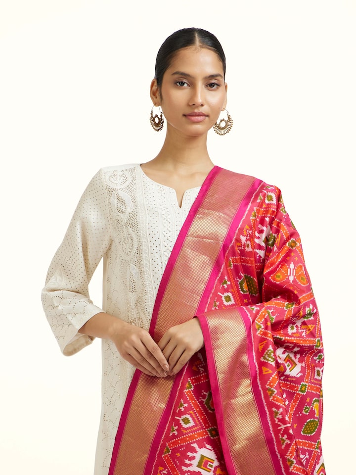 Angled view of the Red Silk Pochampally Weft Ikat Dupatta