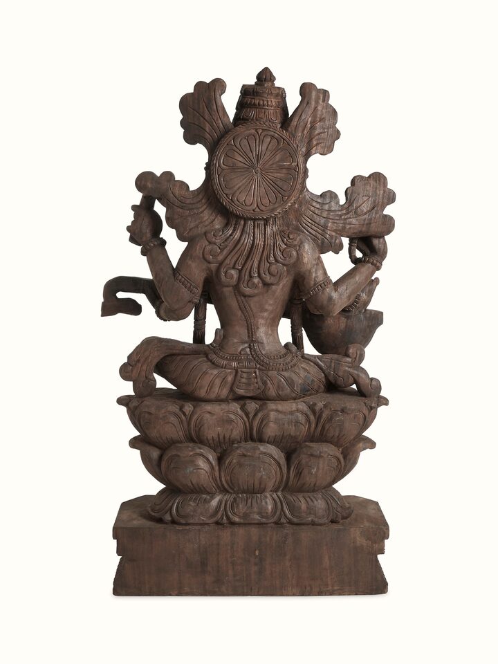 Back view of the Wood Carved Sitting Saraswati Idol