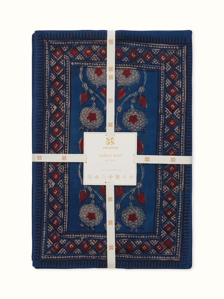 Puspita Indigo Cotton Dabu Hand Block Printed Table Mat (6 Pcs)
