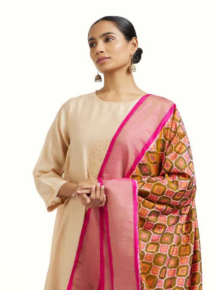 Angled view of the Assorted Silk Pochampally Weft Ikat Dupatta