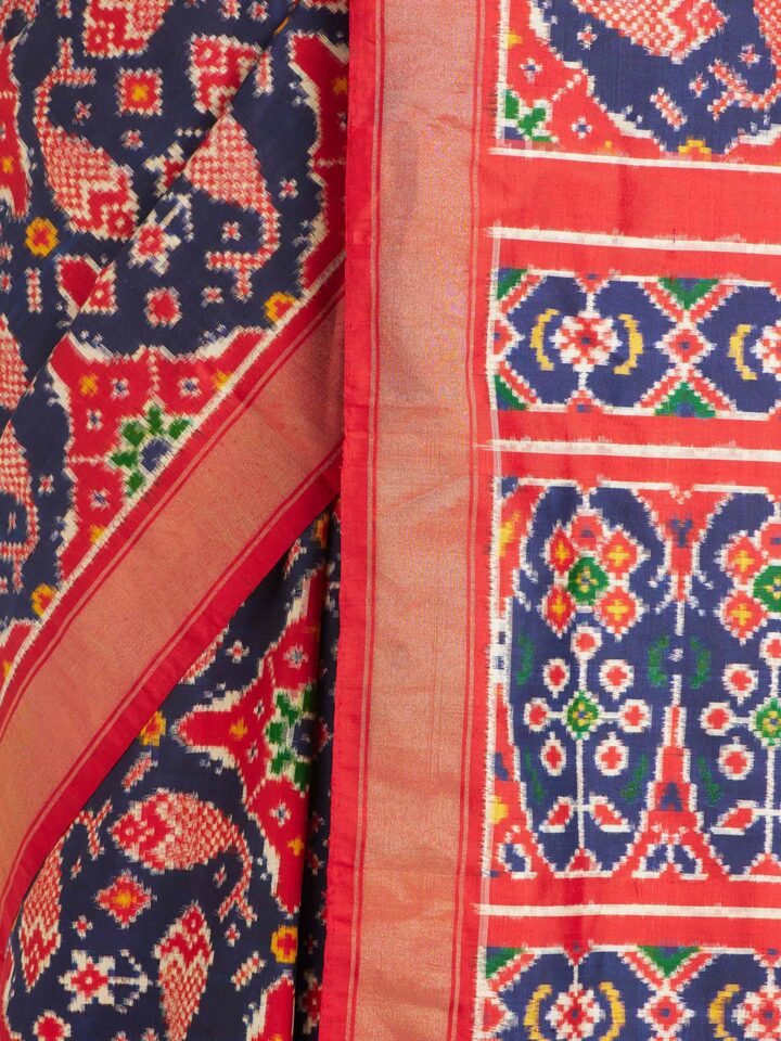 Detailed view of Navy Double Ikat Silk Saree focusing on the fine craftsmanship and texture
