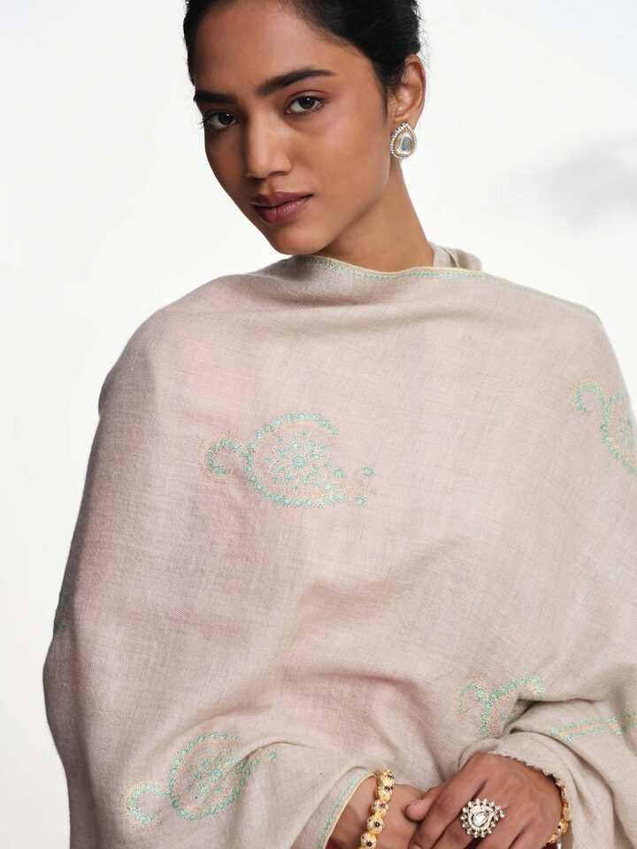 Detail view of beige jalidar sozni embroidered stole showing embroidery craftsmanship
