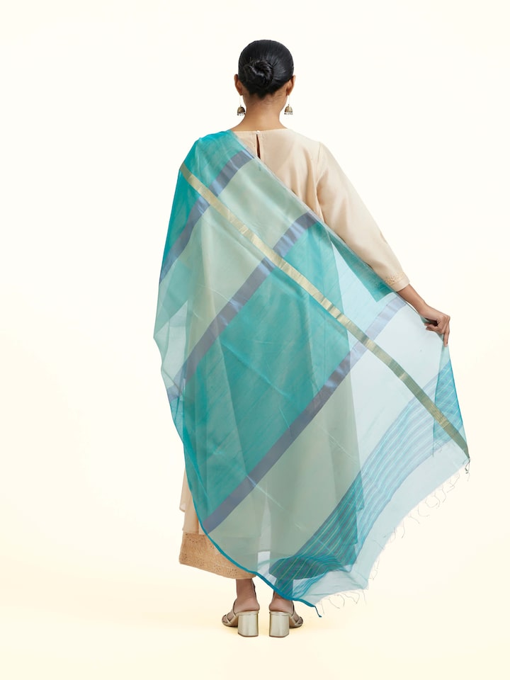 Back view of the Blue Cotton Silk Maheshwari Zari Border Dupatta