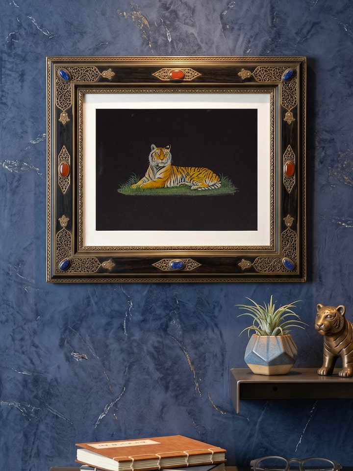 Styled view of Tiger Miniature Painting displayed against a styled backdrop