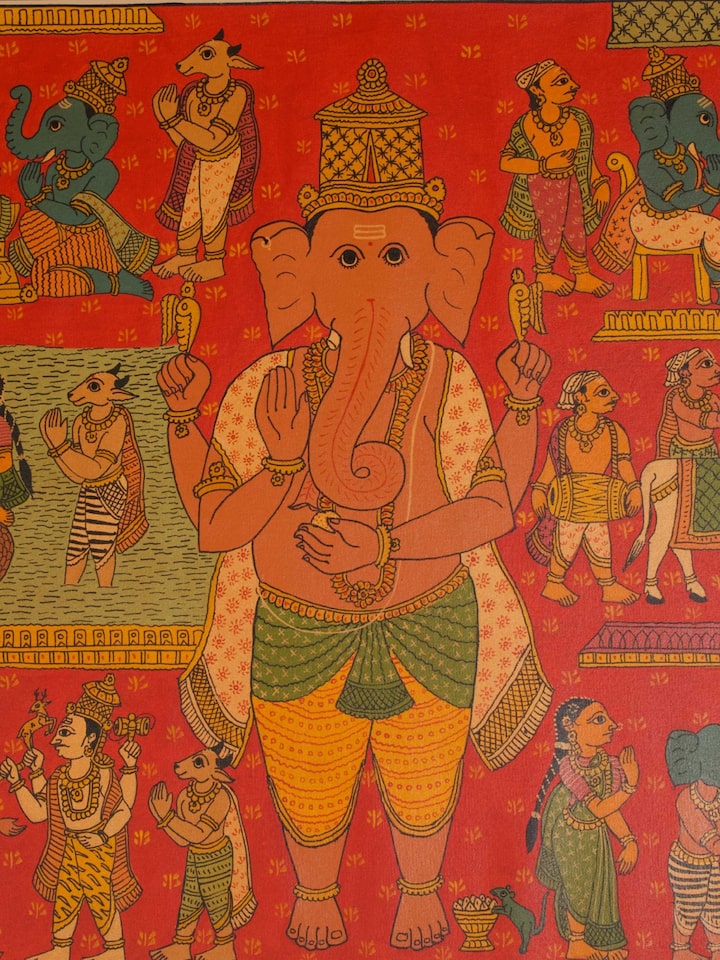 Front detail view of the Story of Ganesha Cheriyal Paintings