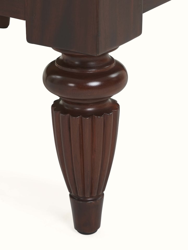 Detailed view of Upholstered Mahogany Wood Ottoman by Swadesh showcasing the refined elegance and craftsmanship.