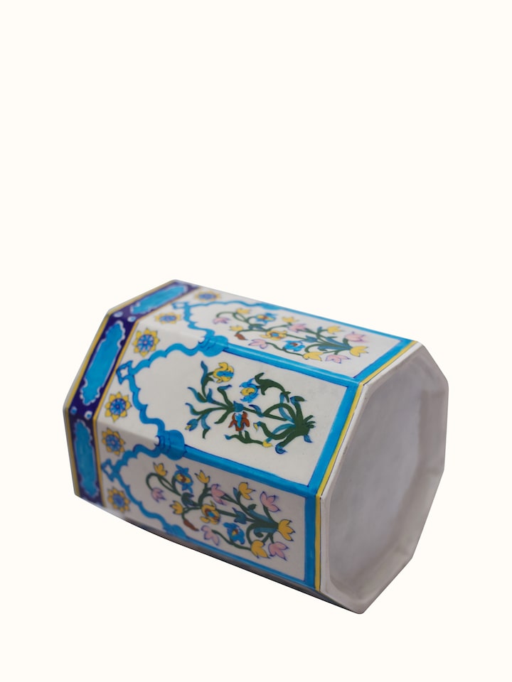 Back view of blue pottery Jharokha ceramic planter showing shape and finish
