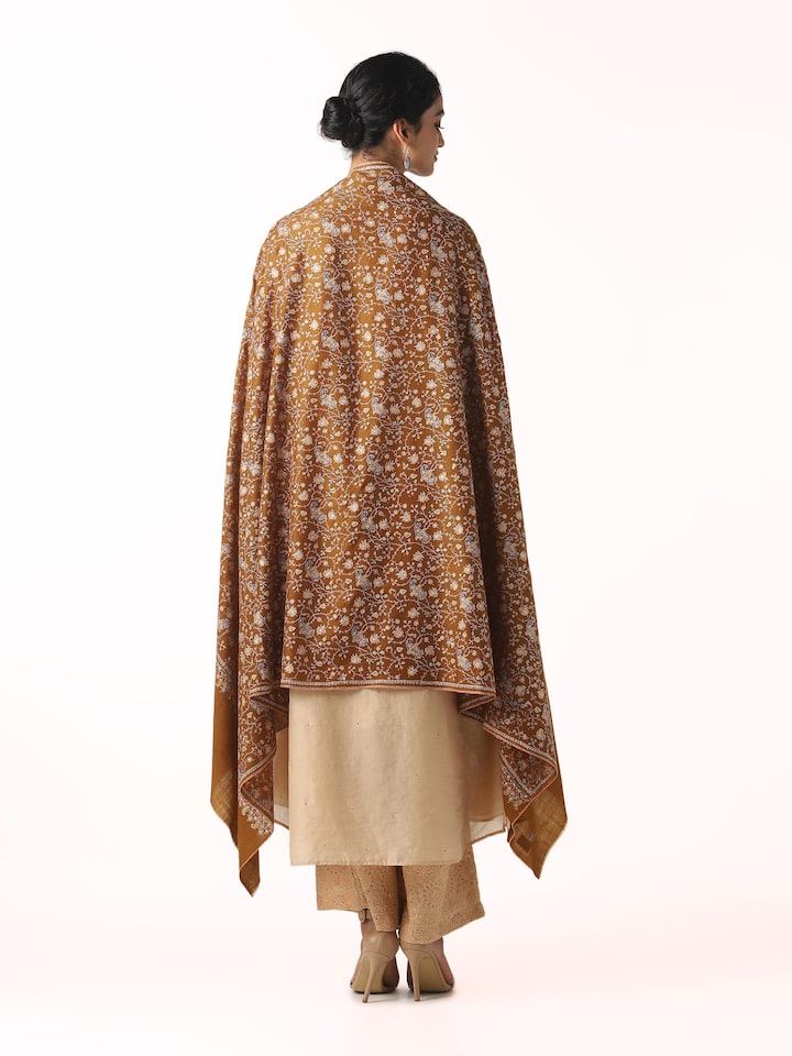 Back view of brown neemjali sozni embroidered shawl displaying complete design