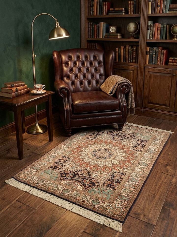Lifestyle view of the Traditional Persian Rust Sage Medallion Kashmir Silk Hand-Knotted Carpet