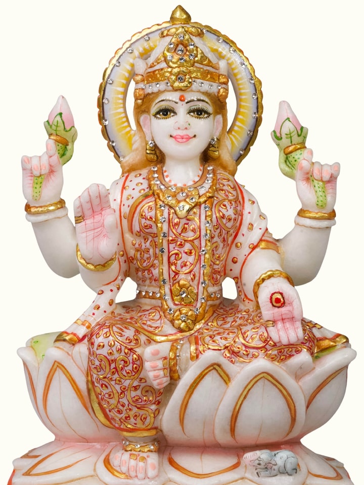 Angled view of the Marble Carved Lakshmi Idol