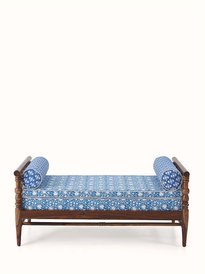 Front view of Sheesham wood Sanganeri block print bench showcasing intricate print