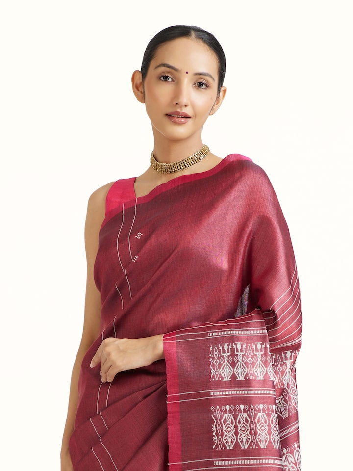Angled view of the Maroon Tussar Silk Odisha Ikat Saree