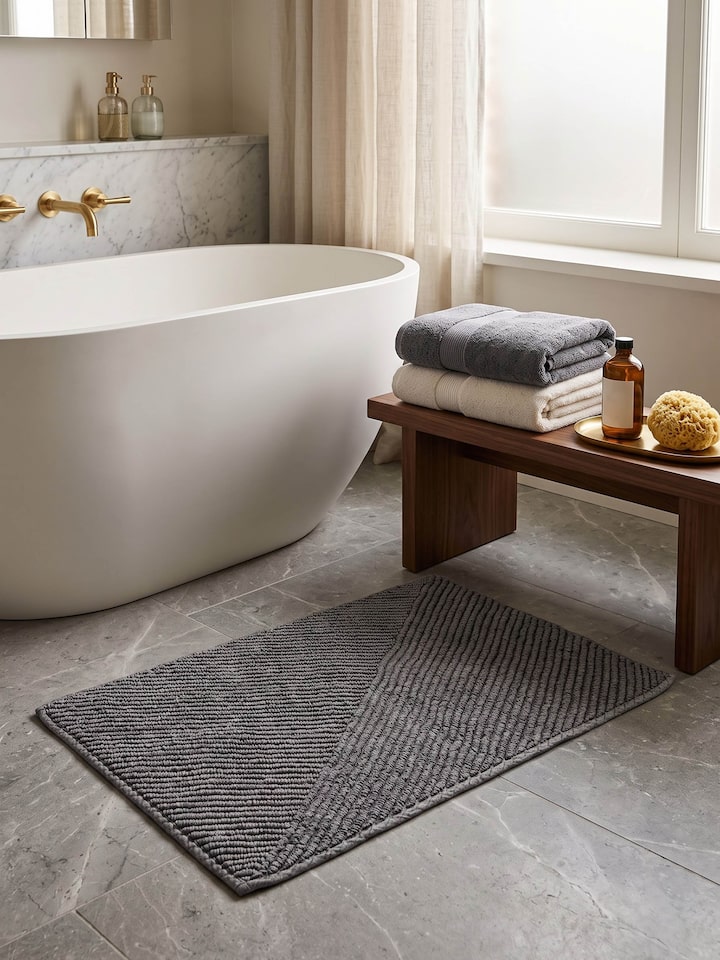 Nityam Diagonal Stripes Dark Grey Bath Mat