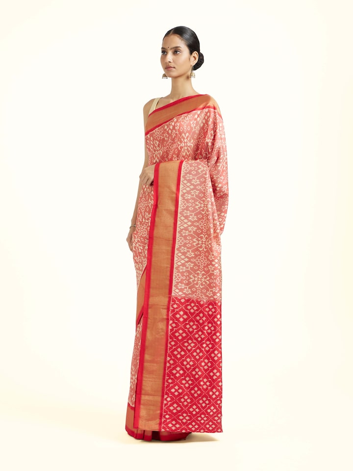 Side view of the Red Mulberry Silk Pochampally Ikat Handloom Saree