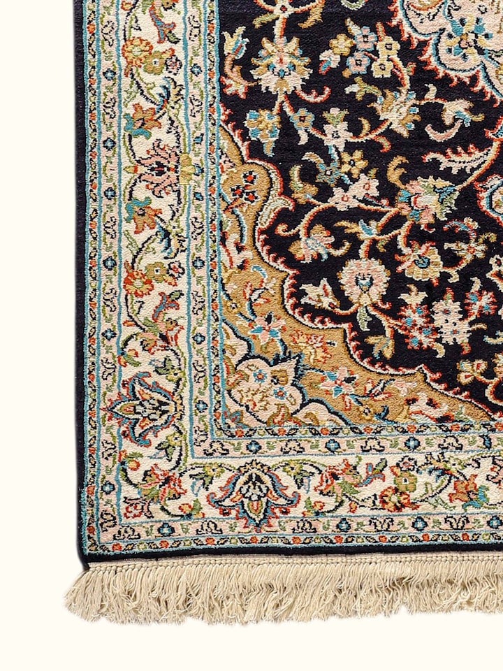 Close-up of the Traditional Persian Navy Rust Kashan Kashmir Silk Hand-Knotted Carpet