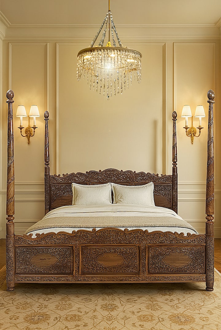 Front view of Carved Walnut Wood Poster Bed showing the front design and silhouette, from a different angle