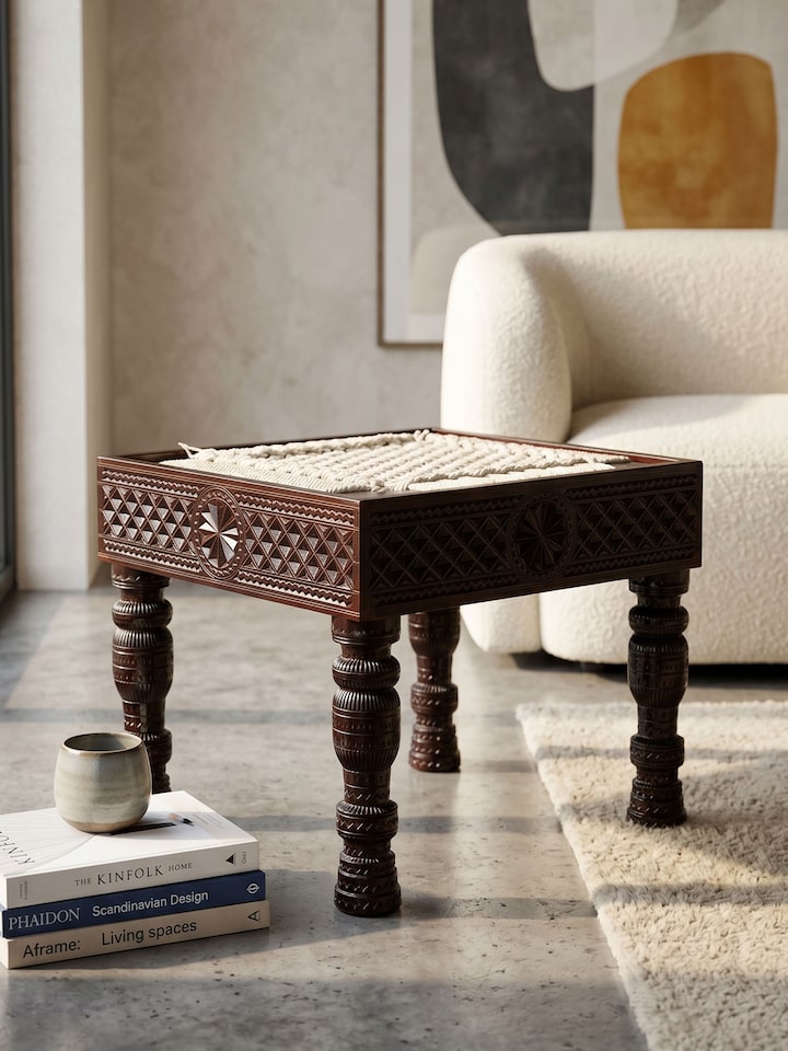 Lifestyle view of the Carved Teak Wood & Glass Stool
