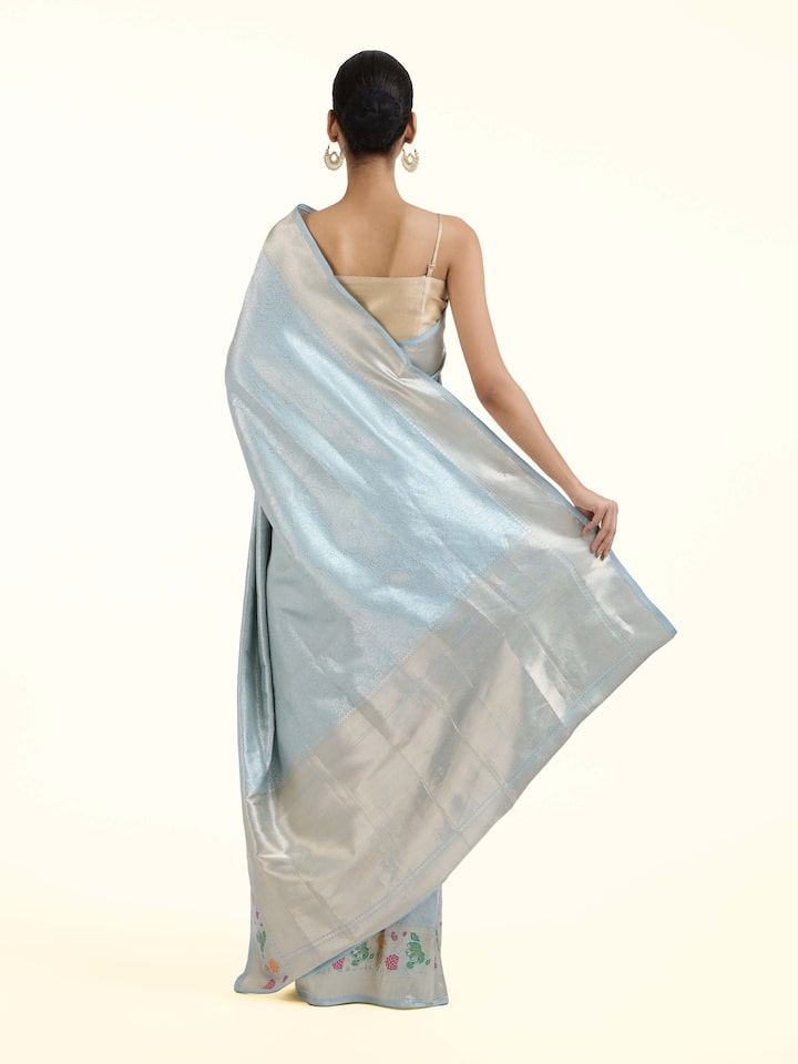 Back view of Ivory Banarasi Kadhwa Silk Saree emphasizing the overall design and fine details