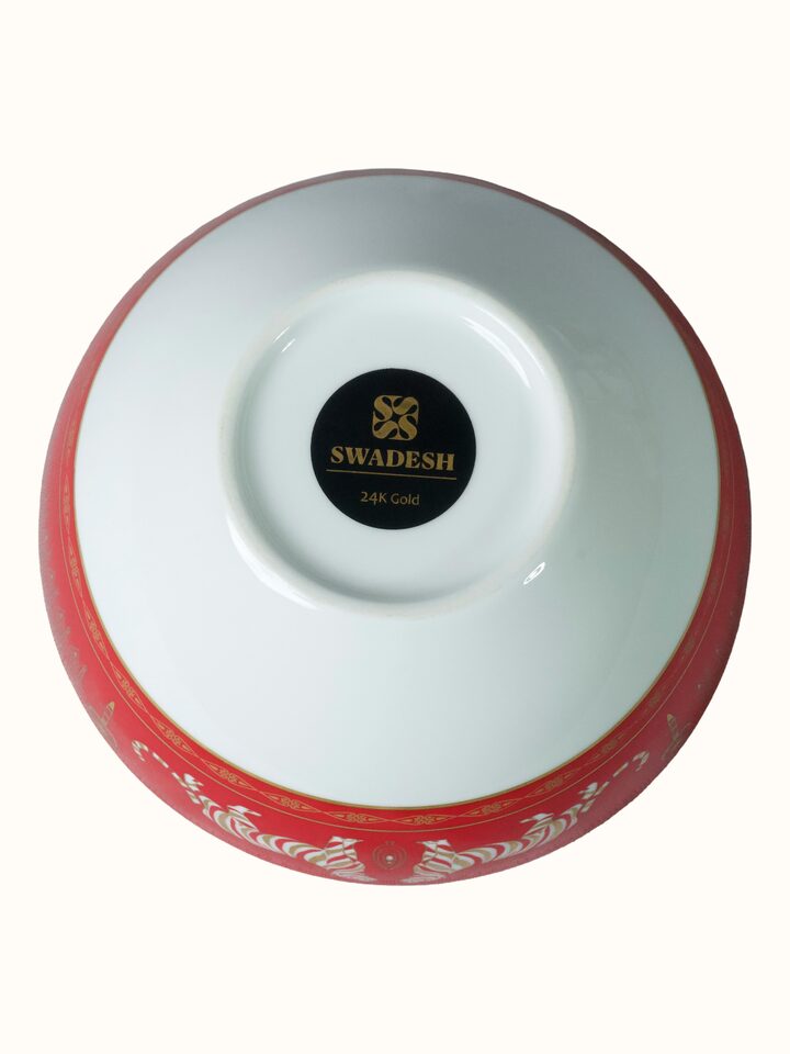 Back view of Small Ceramic Serving Bowl With Gold Decal Finish. showing the back or base of the piece