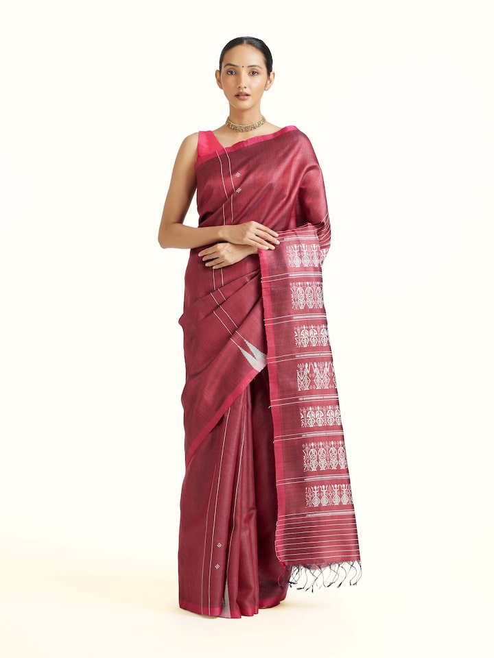 Front view of the Maroon Tussar Silk Odisha Ikat Saree