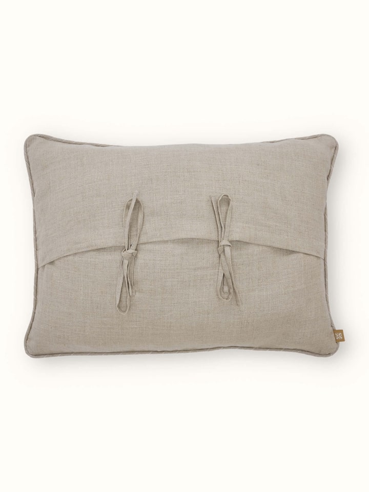 Rann Beige Buti Linen Chikankari Hand Embroidered Lumbar Cushion Cover