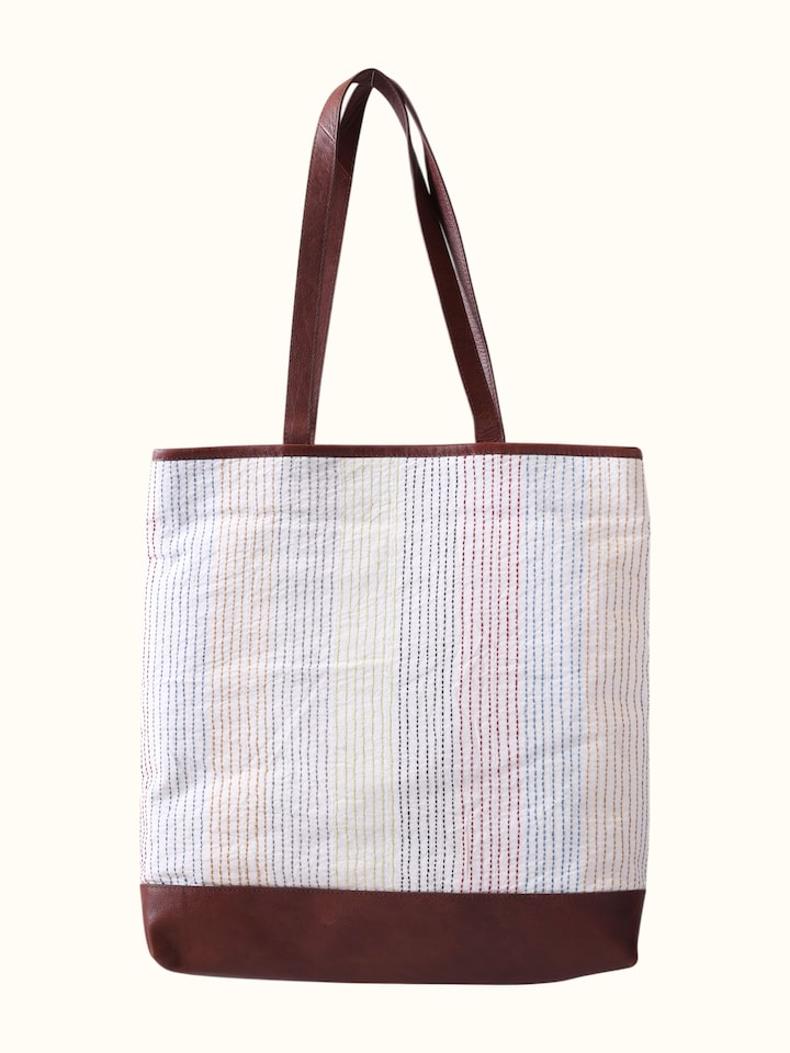 Back view of Kantha Embroidered Canvas Tote Bag showing the striped reverse side panel