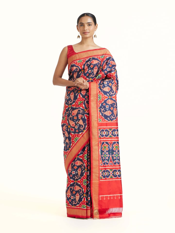 Front view of Navy Double Ikat Silk Saree showcasing its traditional craftsmanship and design