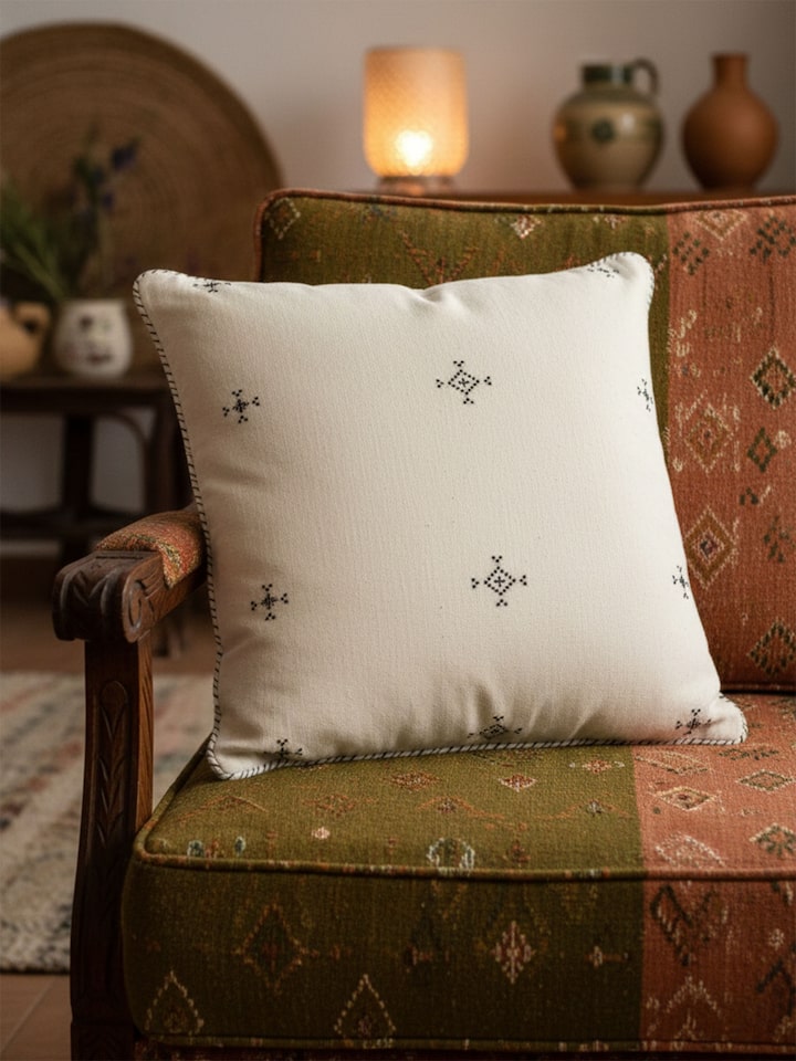 Folk geo hand embroidered buti cushion cover with detailed embroidery, lifestyle view