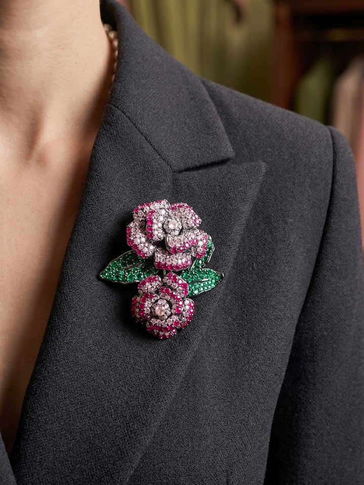 Styled view of Silver Smithing Brooch Pin pinned onto fabric, showing how it looks styled, from a different angle