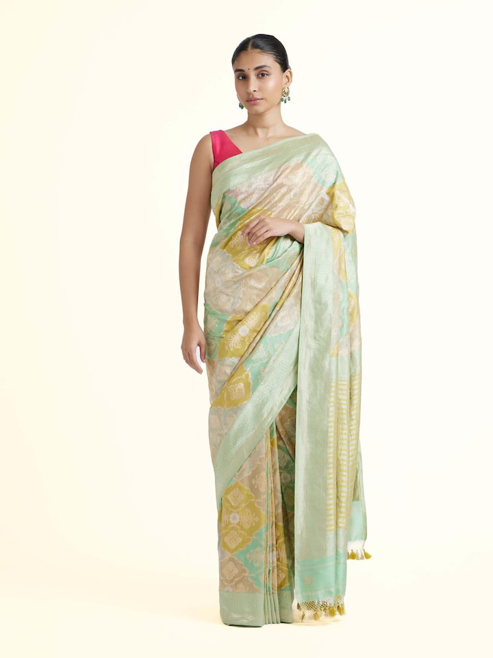 Front view of Silk Rangkat Banarasi Saree showing the full drape and pallu design